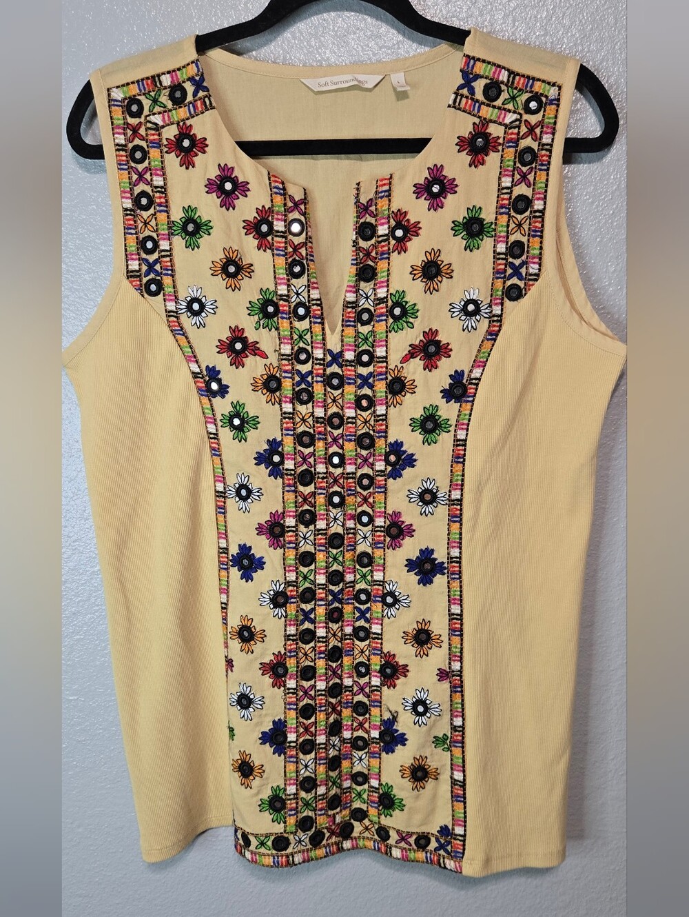 Soft Surroundings Yellow Embroidered Sleeveless Tank Top Size L